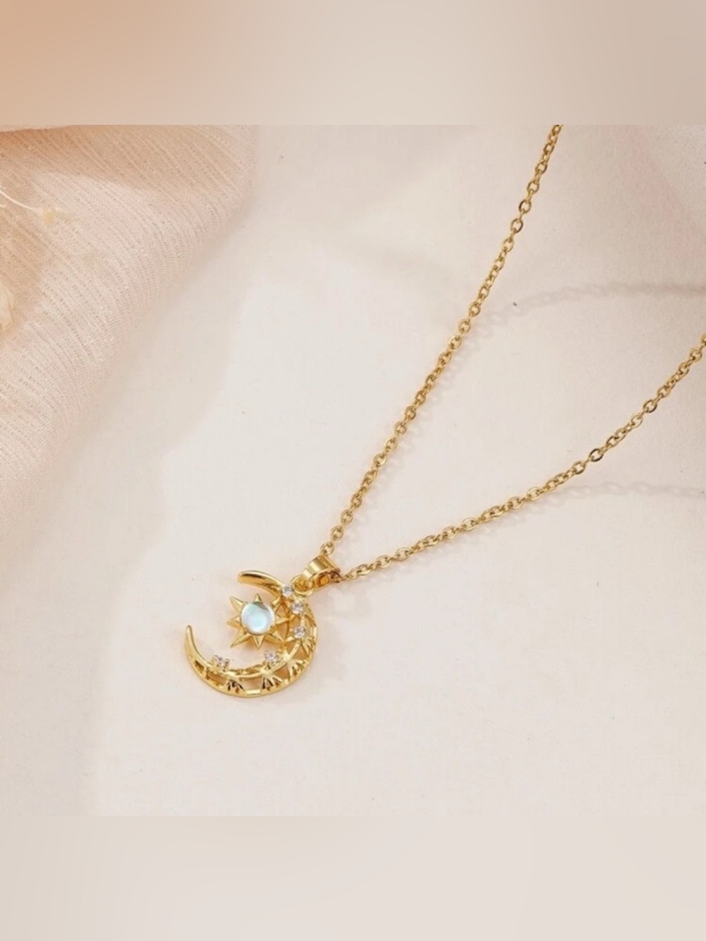 Gold Plated Stainless Steel Moon & Star Crescent Pendant Chain Necklace